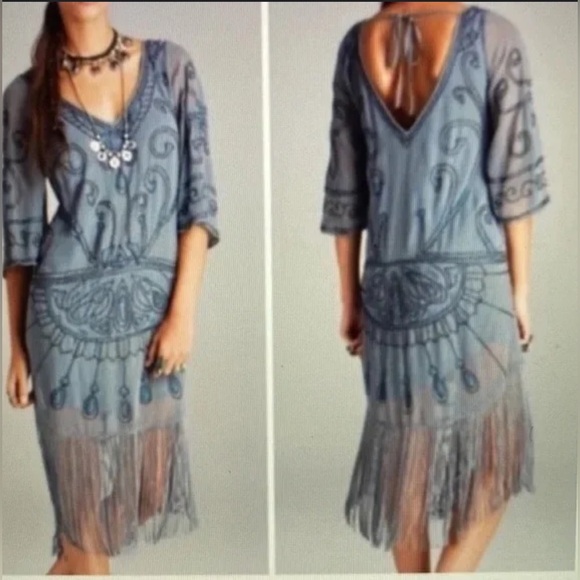 FREE PEOPLE CELESTIAL BEADED FRINGE FLAPPER BOHO V NECK DRESS WOMEN’S Sz M - Picture 3 of 16